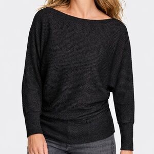 🆕 INC International Concepts Black Ribbed Metallic Knit Dolman Sleeve Top Size M